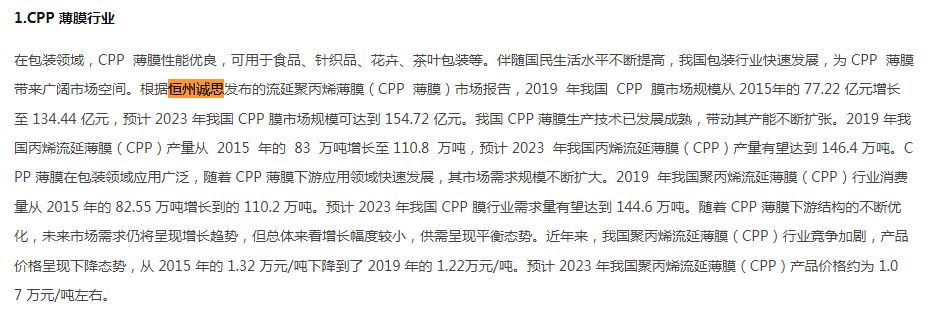 3月15日に、YH Researchが発行した「キャストポリプロピレンフィルム（CPPフィルム）市場レポート」はZhejiang Great Southeast Co.,limitedの年次報告書に引用されました。